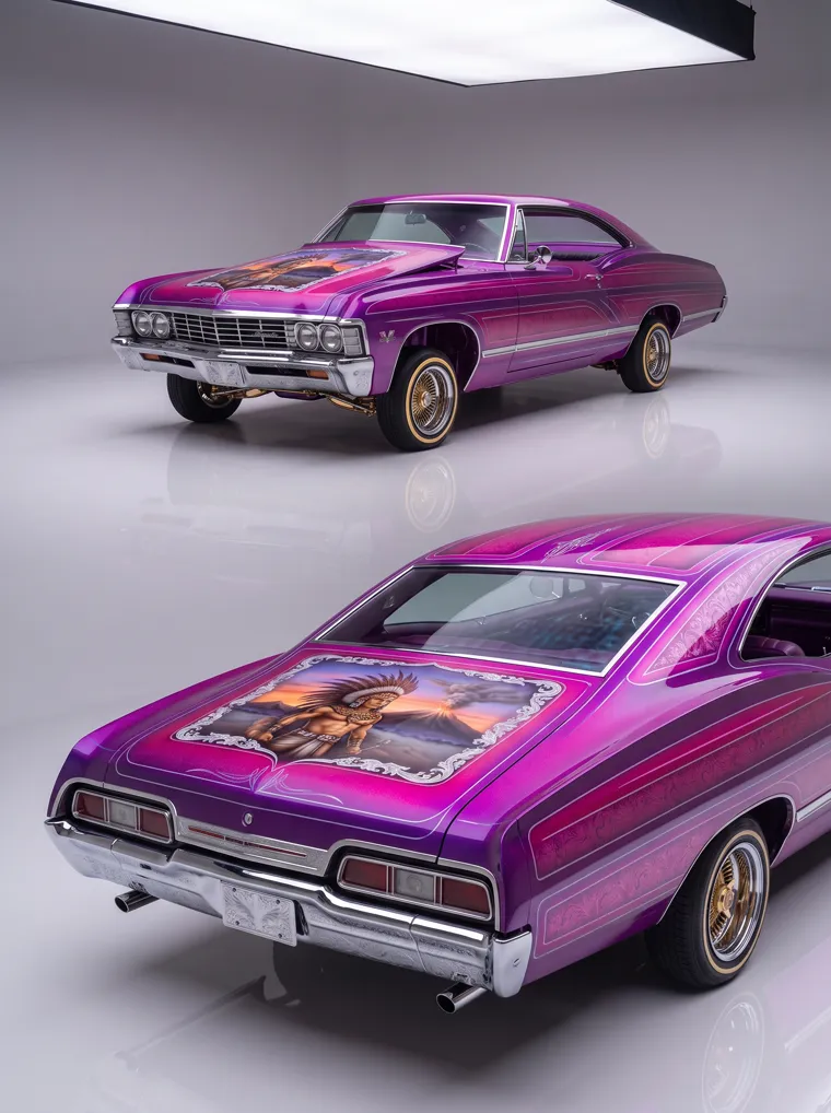 The purple '67 shot twice in a studio, front up top and the rear with its trunk mural below, on a 2022 car magazine cover