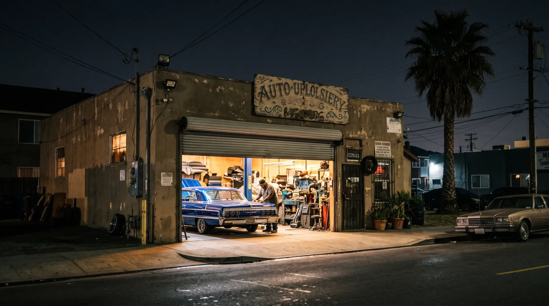 The Ruiz Bros. shop front at night: roll-up door open, a blue lowrider inside under shop lights, a worker at the bench