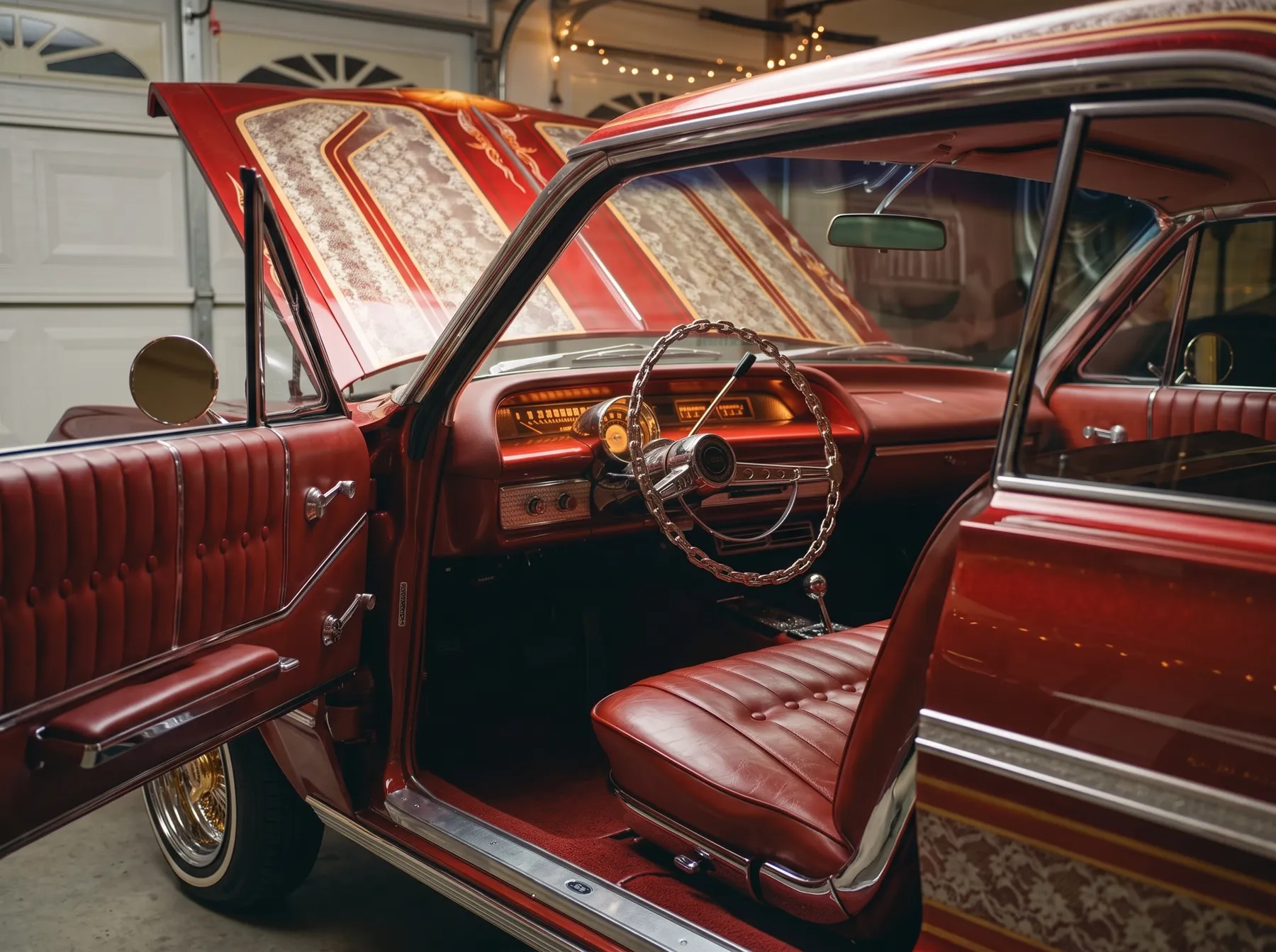 Tuck-and-roll red bench seat, button-tufted door panel and a chain steering wheel inside the '64