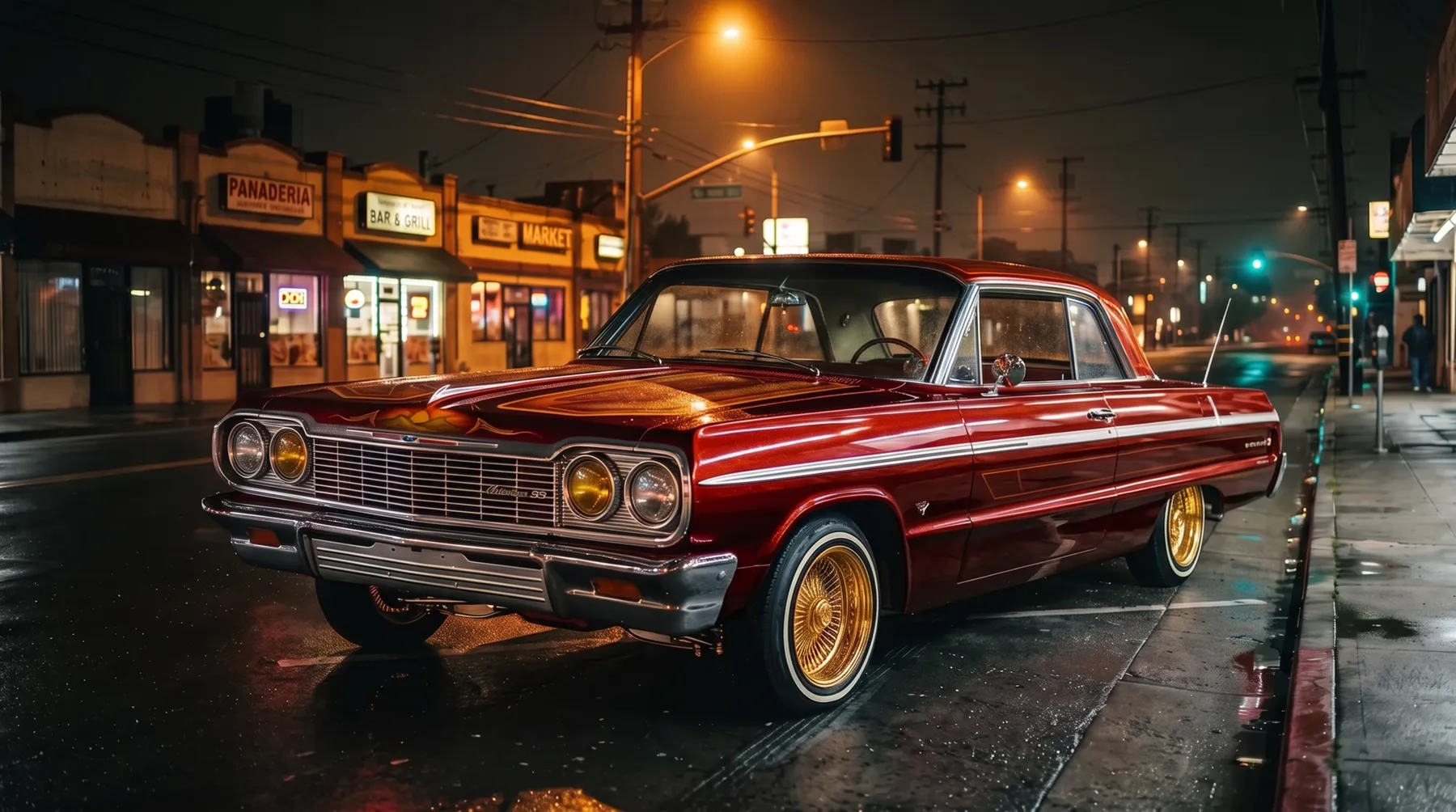 The wine-red '64 on gold wire wheels parked on a wet San Jose street at night, storefronts glowing behind it