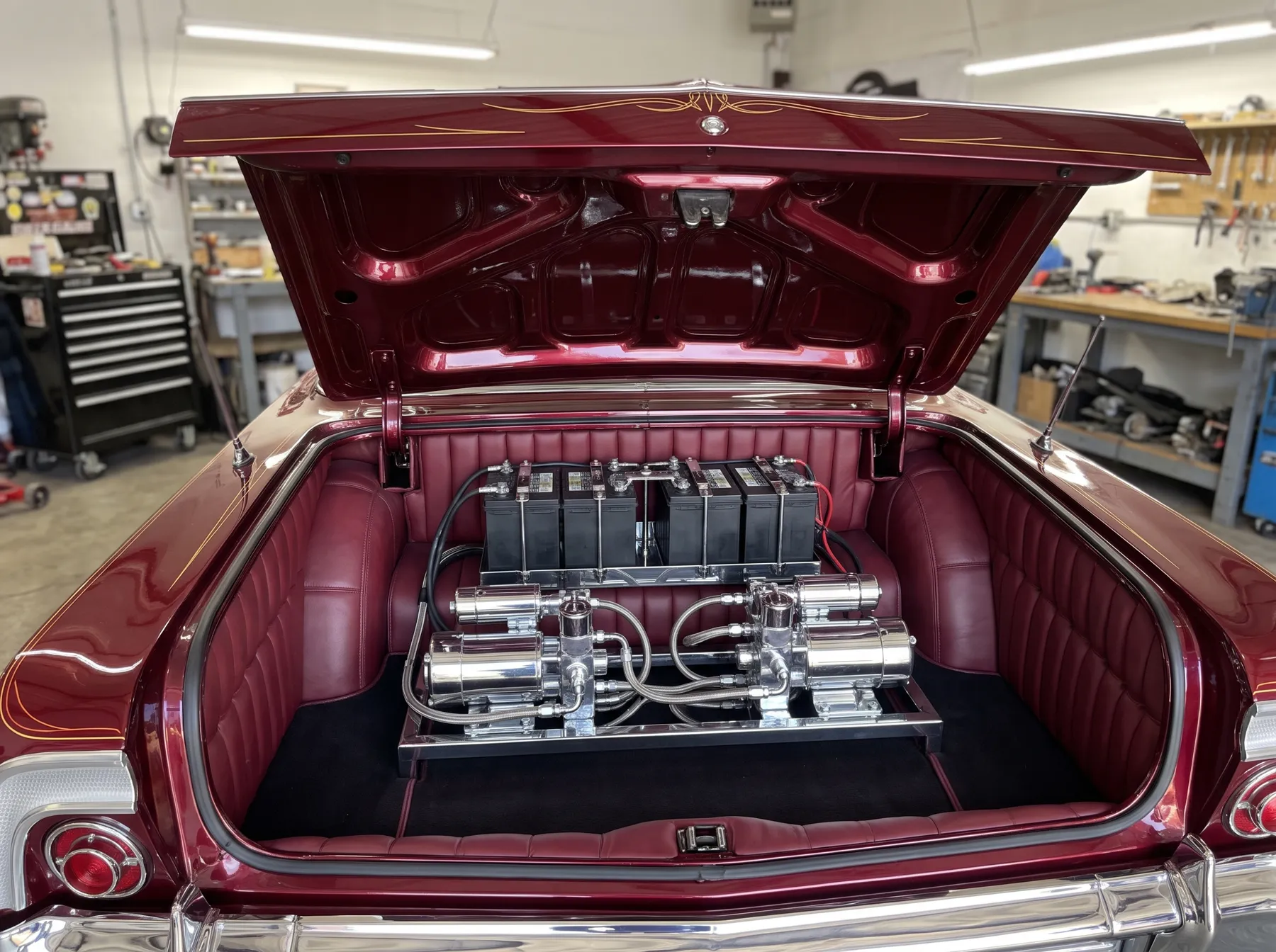 The open trunk of the wine-red '64 in the shop: two chrome hydraulic pumps on a polished rack and a row of batteries, the trunk lined in wine-red tuck and roll
